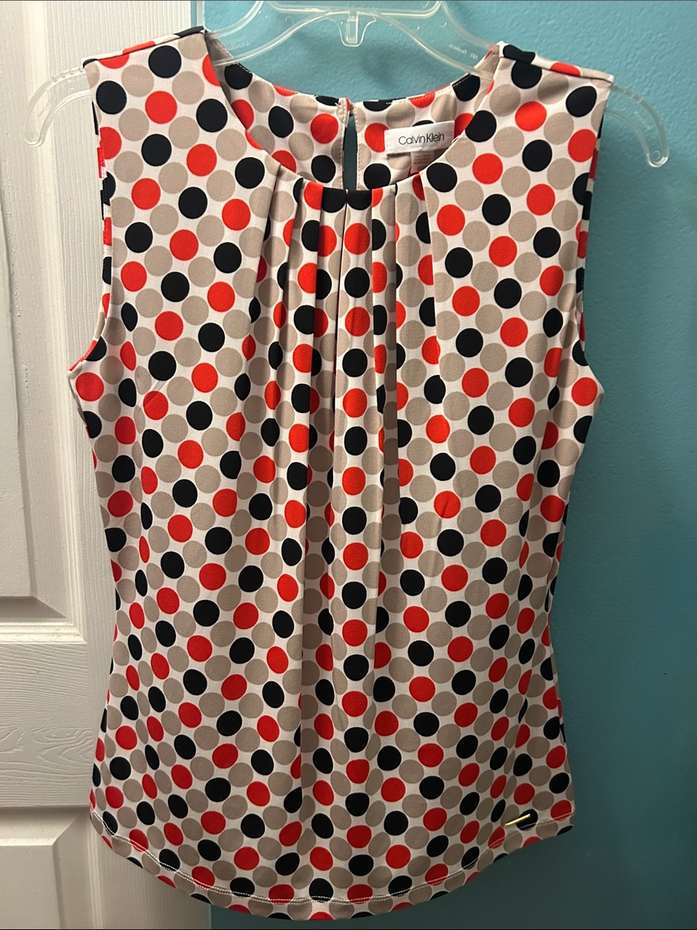 Calvin Klein Polka Dot Sleeveless Shell in Red, Black & Cream